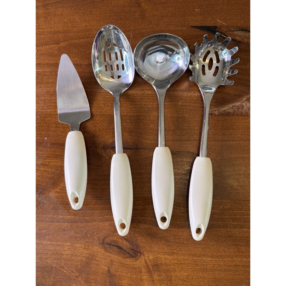 VTG PYREX ACCESSORIES WHITE Pasta Slotted Spoon Stainless Cake STEEL UTENSIL Set